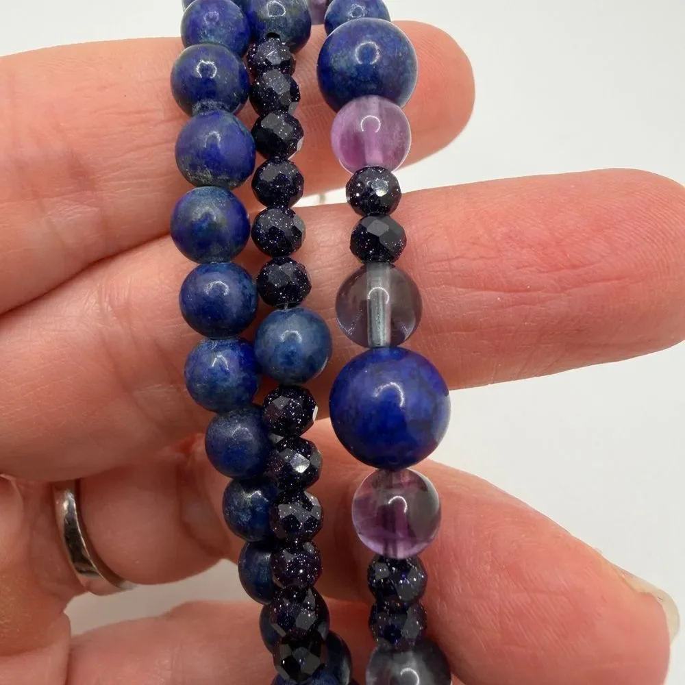 Three‎ strands of Lapis Lazuli, Fluorite, and Sandstone beaded bracelet w/ 925!